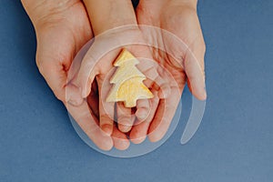 mother and child holding a Christmas tree cookie in hands, blue paper background