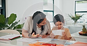 Mother, child and homework with frustrated stress for adhd distraction at desk or overwhelmed mom, discipline or school