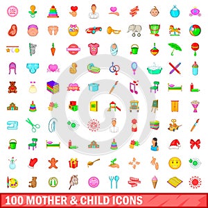 100 mother and child icons set, cartoon style