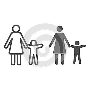 Mother with child line and solid icon, Children protection symbol , Parent and kid silhouette vector sign on white