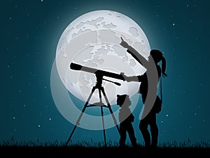 Mother and child looking the sky with telescope