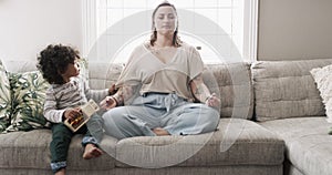 Mother, child and meditation on sofa for zen, spiritual wellness or awareness in living room at home. Mom or yogi