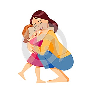 Mother and child. Mom hugging her daughter with a lot of love and tenderness. Mother`s day, holiday concept. Cartoon