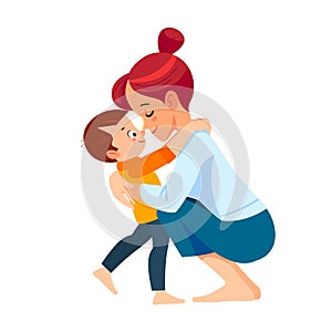 Mother and child. Mom hugging her son with a lot of love and tenderness. Mother's day, holiday concept. Cartoon flat