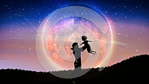 Mother and child in the moonlight, Loop animation background, loop animation background.