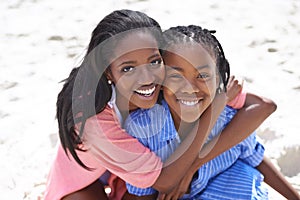 Mother, child and portrait at beach for holiday adventure, outdoor relax or family bonding. Black people, kid and face