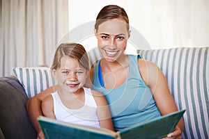 Mother, child and portrait on sofa with book for reading and learning for english literature or language skills for