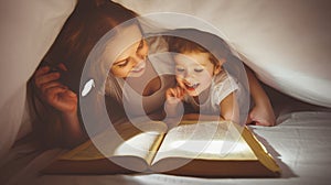 Mother and child read book under blanket with a flashlight