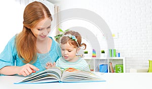 Mother and child reading book at home