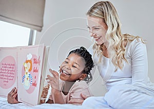 Mother, child and reading book for learning with fun and education, happy with kids story in bedroom at home. Woman