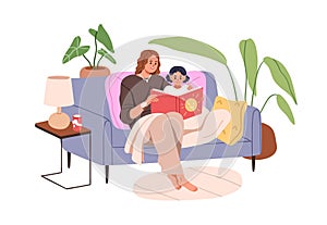 Mother and child reading book together, sitting on sofa at home. Mom and girl kid relax on couch with fairytale. Parent