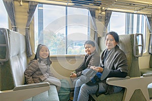 Mother and child sitting in japan train,