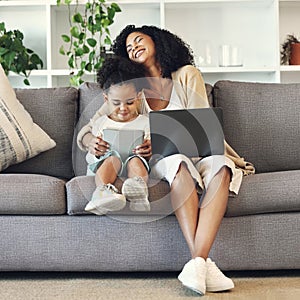 Mother, child and technology in family home living room for remote work, online education and wifi. Woman laugh and girl