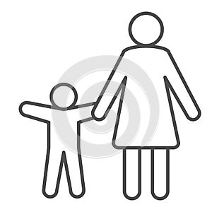 Mother with child thin line icon, Children protection symbol , Parent and kid silhouette vector sign on white background