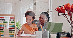 Mother, child and writing learning in home with confusion for homework answer for education, knowledge or lesson. Woman