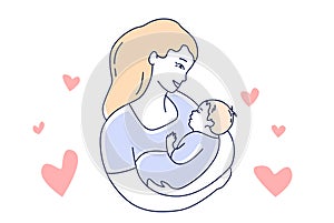 Motherhood. Mother love and child. Mom looking at the baby hand drawn style vector illustration