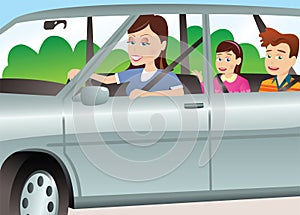 Mother and children in automobile