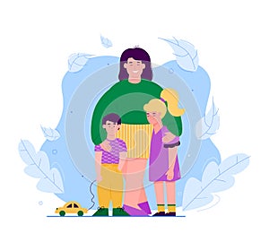 Mother and children cartoon characters hugging vector illustration isolated.