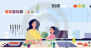 Mother children cook. Mom chef cooking, cartoon parent and daughter preparation food. Fun family on kitchen, dinner time