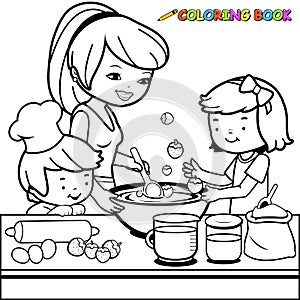 Mother and children cooking in the kitchen. Vector black and white coloring page.