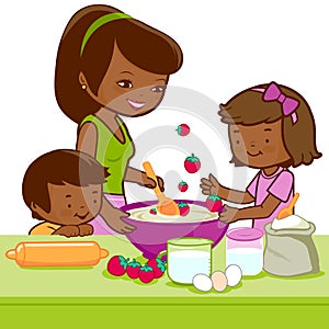 Mother and children cooking in the kitchen. Vector illustration