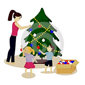 Mother and children decorate Christmas tree isolated on white