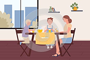 Mother with children eat at home room, cartoon happy young woman, boy kids sitting at kitchen table