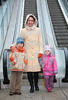 Mother and children at escalator