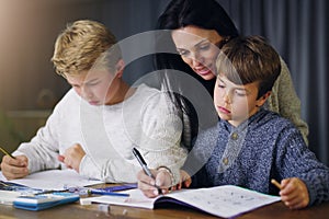 Mother, children and helping with school homework in house or learning education, teaching or lesson. Woman, sons and