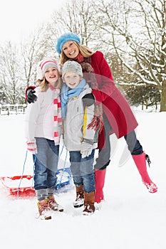 Mother and Children Pulling Sledge Through Snow