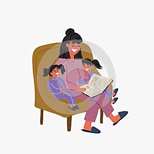 Mother and children reading book in chair, family