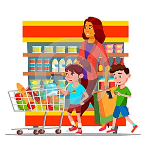 Mother With Children Shopping in Hypermarket Vector Characters