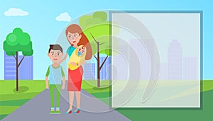 Mother and Her Kids on Road Vector Illustration