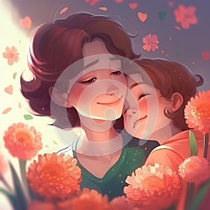 A mother and her daughter in a loving hug in the garden photo