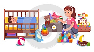 Mother cleaning up child bedroom picking toys