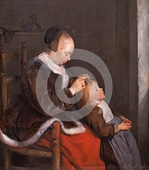 Mother combing her childs hair, painting by Gerard ter Borch