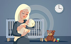 Mother Comforting Baby from the Crib During Nighttime Vector Cartoon Illustration