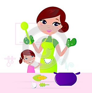 Mother cooking healthy food with child in kitchen