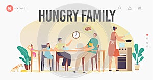 Mother Cooking for Hungry Family Landing Page Template. Father and Kids Sitting Around Table Waiting Food