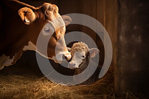 Mother cow nuzzling her newborn calf in a cozy corner of the barn. Generative AI
