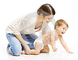 Mother and Crawling Toddler Kid, Woman Parent Holding Child