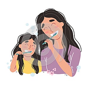 Mother and Daughter Brushing Their Teeth. happy family and health.