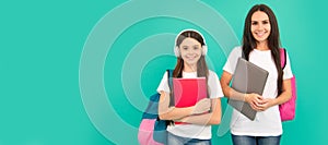 Mother and daughter child banner, copy space, isolated background. education. pupil and student. mom and teen girl ready