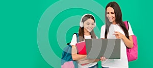 Mother and daughter child banner, copy space, isolated background. online education. pupil and student. mom and teen