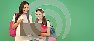 Mother and daughter child banner, copy space, isolated background. online education. pupil and student. mom and teen