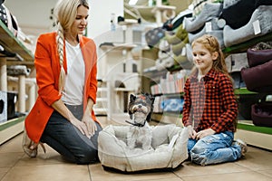 Mother with daughter choosing dog bed, pet store