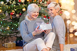 Mother and daughter by Christmas tree