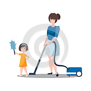Mother and daughter are cleaning house