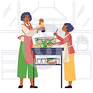 Mother-daughter cooking time vector illustration