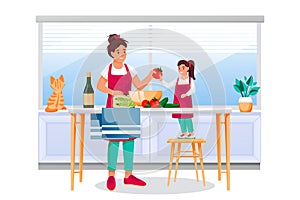 Mother and daughter cooking vegetable salad. Mom and little girl make healthy lunch or dinner. Vector illustration